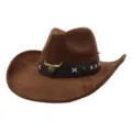 Detailed view of the brown suede cowboy hat with metallic bull skull and stylish band. - One Size 57-58cm / Coffee