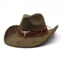 Detail closeup of brown suede western cowboy hat with leather band and metal bull skull decor. - M (56-58cm) / Dark Army Green