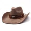Close up view of brown suede cowboy hat detail featuring leather band and silver bull skull. - M (56-58cm) / Dusty Pink