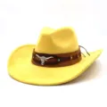 Yellow suede western cowboy hat with brown leather band and silver bull skull detail close up - M (56-58cm) / Yellow