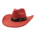 Red suede cowboy hat detail, vintage bull skull decor, wide brim retro western style. - One Size 57-58cm / Rust red