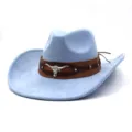 Light blue suede western cowboy hat with brown leather band and silver longhorn skull buckle. - M (56-58cm) / Sky Blue