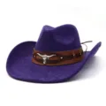 Stylish purple suede western cowboy hat with brown leather band and silver longhorn skull decor. - M (56-58cm) / Deep purple
