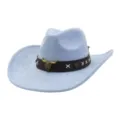 Close-up detail of light blue suede cowboy hat, vintage bull skull buckle and brown band. - One Size 57-58cm / Sky Blue