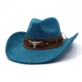 Blue suede western cowboy hat with leather band and metal bull skull decoration wide brim. - M (56-58cm) / Peacock Dark Blue