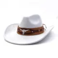 Detailed shot of grey western cowboy hat, brown leather band, silver longhorn bull skull decoration. - M (56-58cm) / Light Gray