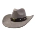 Classic suede cowboy hat with bull skull decor and wide brim, vintage western jazz hat. - One Size 57-58cm / Charcoal Grey