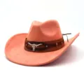 Pink faux suede western cowboy hat with brown leather band and metal longhorn skull detail. - M (56-58cm) / Rose Quartz