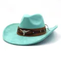 Light blue suede western cowboy hat with brown leather band and silver bull head decor. - M (56-58cm) / Mint Green