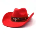 Red suede western cowboy hat featuring brown leather band and distinct silver bull skull detail. - M (56-58cm) / Red