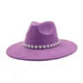 Purple suede fedora hat with pearl rhinestone chain band wide brim gentleman hat stylish. - M (56-58cm) / Medium Purple