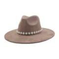 Close-up detail view of the elegant taupe suede fedora hat with sparkling pearl flower band. - M (56-58cm) / Dusty Pink
