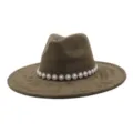 Brown suede fedora hat with pearl rhinestone daisy chain band, stylish wide brim jazz hat. - M (56-58cm) / Dark Army Green
