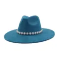Detailed view of blue suede fedora hat featuring sparkling pearl and rhinestone trim. - M (56-58cm) / Peacock Dark Blue