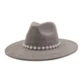 Detailed view of grey suede fedora hat featuring a delicate pearl and crystal flower chain band. - M (56-58cm) / Charcoal Grey