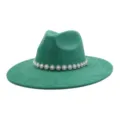 Green suede fedora hat detail featuring sparkling pearl and crystal flower chain band decoration. - M (56-58cm) / Green