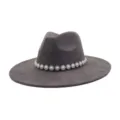 Grey wide-brim suede fedora hat detail featuring elegant pearl rhinestone flower band. - M (56-58cm) / Cement Gray