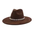 Brown suede fedora hat with pearl rhinestone chain band, wide brim gentleman hat for unisex. - M (56-58cm) / Coffee
