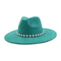 Turquoise suede fedora hat with elegant pearl crystal flower band for stylish casual wear. - M (56-58cm) / Teal