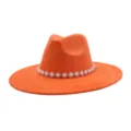 Orange suede felt fedora hat close-up featuring a delicate pearl rhinestone floral band. - M (56-58cm) / Orange Yellow