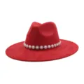 Red faux suede fedora hat featuring elegant pearl and rhinestone flower band for daily wear. - M (56-58cm) / Burgundy