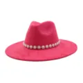 Hot pink suede fedora hat for women and men, featuring an elegant pearl rhinestone flower band. - M (56-58cm) / Plum Red