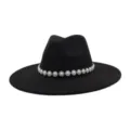 Black suede fedora hat with elegant pearl rhinestone flower band, wide flat brim gentleman style. - M (56-58cm) / Black