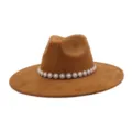 Close-up of brown suede fedora hat featuring elegant pearl and rhinestone flower band detail. - M (56-58cm) / Khaki