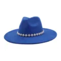 Blue felt fedora hat detail, wide brim fashion cap with pearl rhinestone flower band. - M (56-58cm) / Sapphire Blue