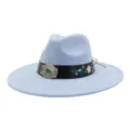 Light blue felt fedora hat with embroidered black band, vintage buckle for women men - 58cm / Sky Blue
