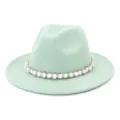 Light green wool fedora hat detail featuring elegant pearl and metallic woven trim decoration. - Mint Green