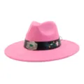 Pink suede fedora hat with embroidered band and silver buckle detail for women and men. - 58cm / Barbie Pink