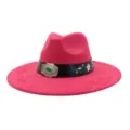 Pink suede fedora hat with floral embroidery, black band, and vintage silver buckle for women. - 58cm / Rose Red
