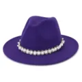 Purple wool felt fedora hat for women, wide brim jazz cap with elegant pearl bead trim for autumn. - Purple