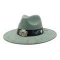 Unisex faux suede wide brim jazz hat with floral embroidery and vintage silver buckle detail. - 58cm / Pickle Green