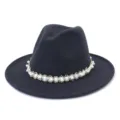 Stylish grey wool fedora hat featuring an elegant pearl beaded band for autumn winter. - Dark Gray