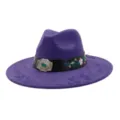Purple suede jazz hat with black embroidered belt and vintage silver green gem buckle. - 58cm / Deep purple