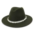 Detailed view of the dark green wool fedora featuring an elegant pearl and bead decorative band. - Army Green