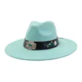 Turquoise suede wide brim jazz hat with floral embroidered black belt and vintage silver buckle. - 58cm / Mint Green