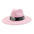 Pink suede jazz hat with embroidered black belt and vintage metal buckle for daily wear. - 58cm / Sakura Pink