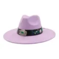 Detail shot of a light purple suede wide-brim fedora hat with floral embroidery and vintage buckle. - 58cm / Lavender