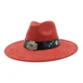 Close-up detail of red suede fedora hat with black belt, floral embroidery and silver buckle. - 58cm / Rust red