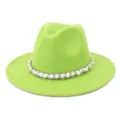 Green fedora hat detail, elegant pearl beaded band decoration, stylish wool felt material. - Fruit Green
