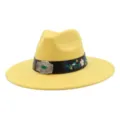 Elegant yellow suede jazz hat featuring a black embroidered leather band and vintage metal buckle. - 58cm / Bright yellow