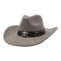 Grey suede western cowboy hat with metal skull decor, stylish jazz cap for men and women. - Charcoal Grey