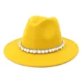 Women's yellow wool felt fedora hat with elegant pearl chain band for autumn winter fashion. - Yellow