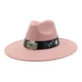 Pink suede wide brim fedora hat with floral embroidered black band and vintage metal buckle detail. - 58cm / Dusty Pink