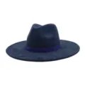 Navy blue suede fedora hat with sparkling purple rhinestone band, wide brim stylish headwear. - M (56-58cm) / Navy Blue