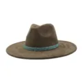 Brown suede wide brim fedora hat with sparkling blue crystal rhinestone band for women men. - M (56-58cm) / Dark Army Green