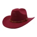 Detailed close-up view of the red felt cowboy hat with a brown studded leather band. - One Size / Burgundy